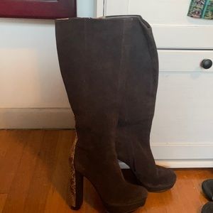 Brown suede and snake print knee high boots